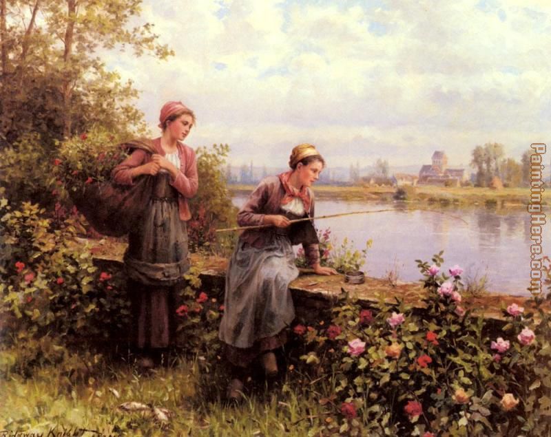 Maria And Madeleine Fishing painting - Daniel Ridgway Knight Maria And Madeleine Fishing art painting